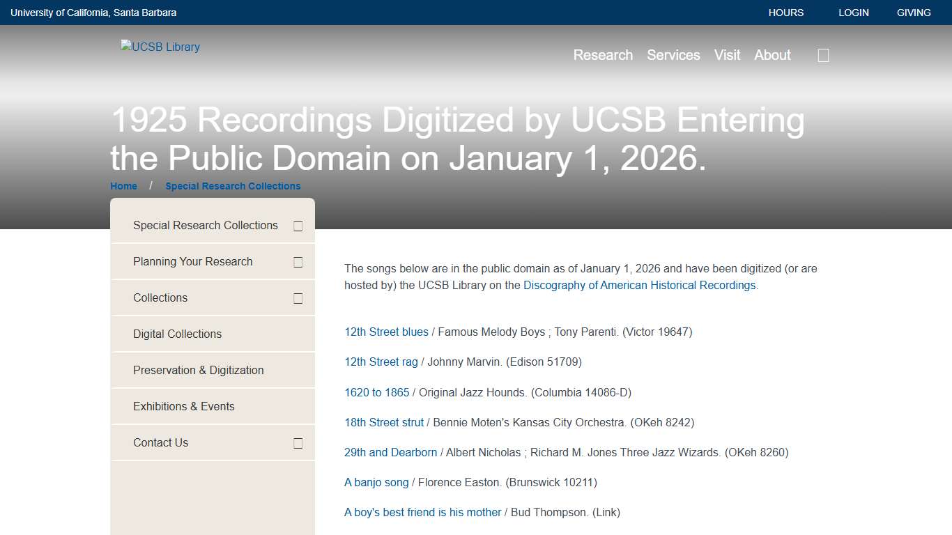 1925 Recordings Digitized by UCSB Entering the Public Domain on January 1, 2026. | UCSB Library
